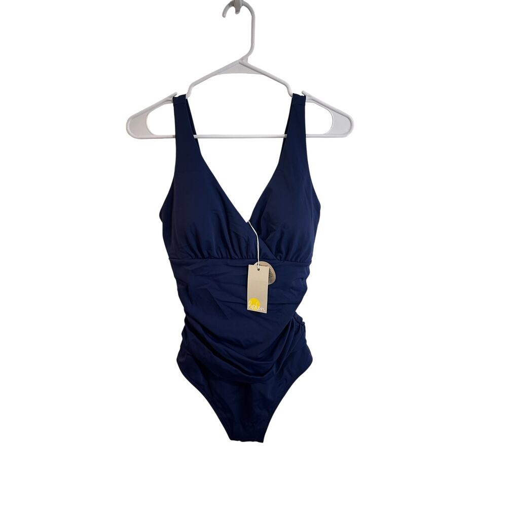 Boden NWT One Piece Swimsuit Sz 8L US Navy Blue Shirred Flattering Details